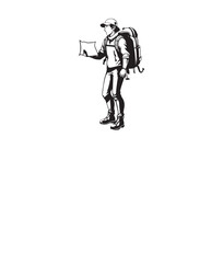 A Silhouette icon of Backpacker with a map , isolated on a white background