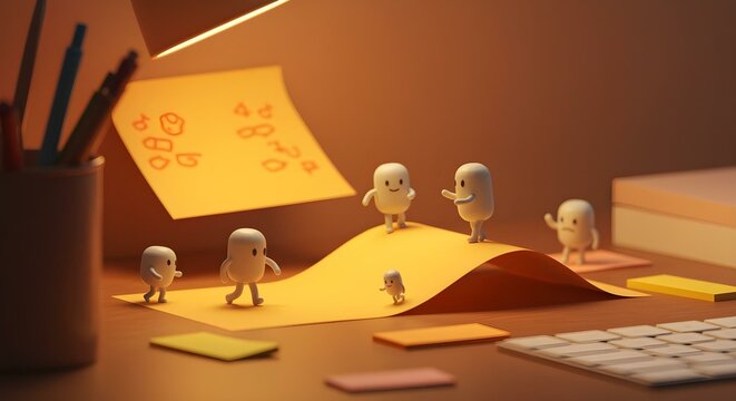 Cute blob characters exploring yellow paper on desk - learning and teamwork concept