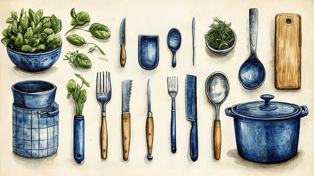Kitchen utensils, herbs, and blue cookware arranged on a cream background