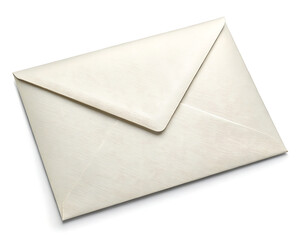 A slightly textured cream colored envelope laying flat on a white background with a triangular flap closed