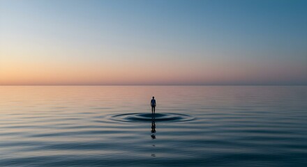 Fototapeta premium Lone figure standing in vast water at sunset with ripples