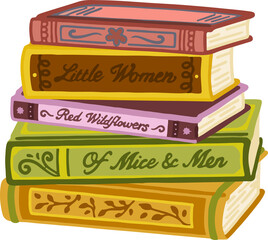 Hand-drawn book stack is featuring Little Women Red Wildflowers Of Mice and Men, transparent backgro