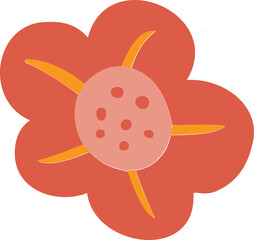 Flat flower is showing 5 orange petals, stamens around pink spotted center, transparent background