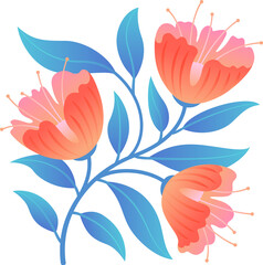 Flowering branch is showing three gradient blooms, blue leaves in flat art, transparent background