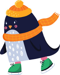Stylized penguin is gliding on green ice skates, orange pompom hat and checkered scarf, transparent