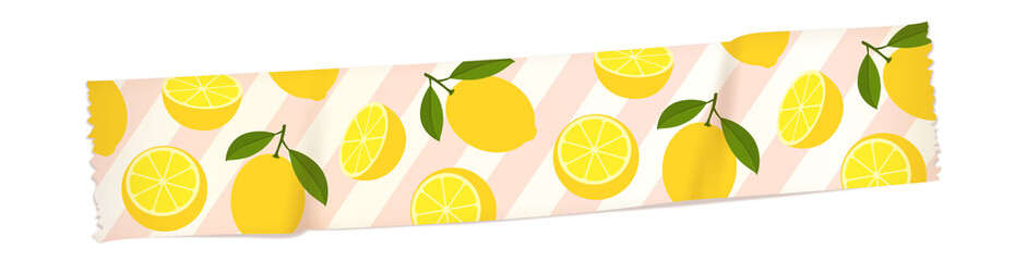 Vector lemon tape is showing lemons, slices  and  leaves on pink-white stripes, transparent backgrou