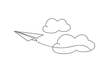 Paper airplane soaring through clouds line-art illustration