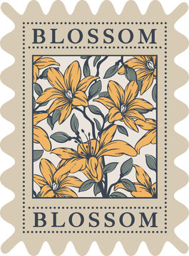 Fototapeta Stamp-inspired showing scalloped frame, serif BLOSSOM, orange lily blossoms, transparent background
