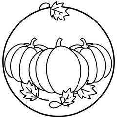 Three Pumpkins and Leaves in a Circular Frame Illustration for Autumn or Fall Coloring Pages and Thanksgiving Day Themes Black and White Line Art Graphic Design