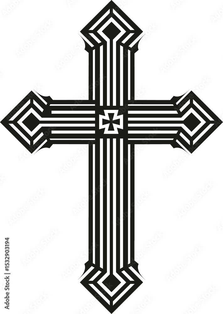 Poster displaying flat design cross with parallel black lines and diamond tips on transparent background