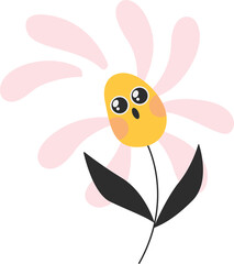 Flat cartoon flower featuring surprised face, pink petals, slate leaves on transparent background