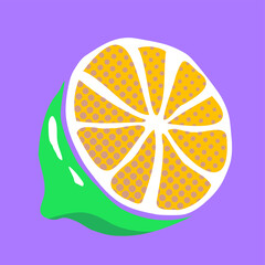Flat citrus slice design showing dotted pulp and green rind on transparent purple backdrop
