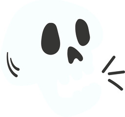 Flat cartoon white skull icon is floating on transparent background with three black motion lines