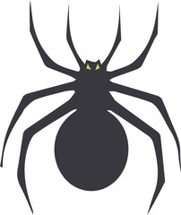 flat spider silhouette is crawling with eight legs and glowing green eyes on transparent background