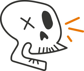 Hand-drawn skull is emitting sound on transparent backdrop, showing grey outlines and orange lines