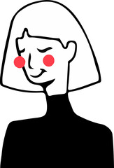 Minimalist woman bust is depicting flat design with bob haircut, red cheeks, transparent background