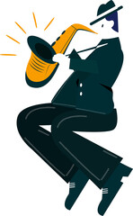 Male musician is playing orange saxophone in transparent flat vector, wearing teal suit and fedora