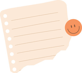 Torn lined paper is floating in flat design with holes, smiling badge on transparent background
