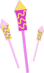 Showing three cartoon pink rockets with yellow stripes mounted on sticks on transparent background