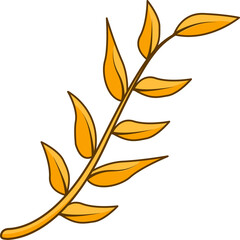 Illustrating golden branch flat on transparent background, with curving stem and elongated leaves
