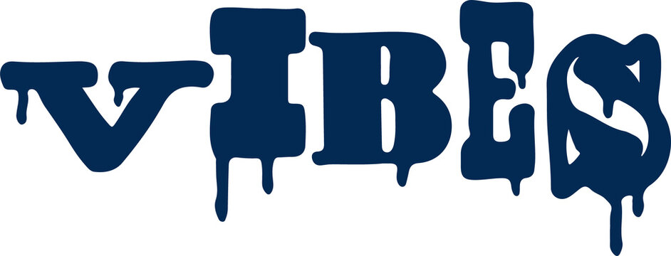 Stylized VIBES text is dripping navy blue paint on transparent background, flat vector design