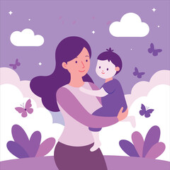 Illustration of a mother holding her child with butterflies around her