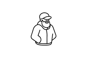Bearded Man in Hoodie, Baseball Cap, Line Art Illustration
