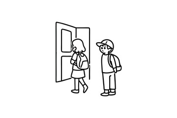 Girl and boy students line art school door backpack