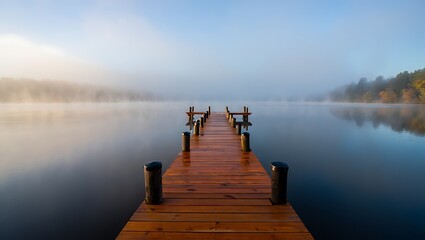 Obraz premium Serene Sunrise Misty Lake Dock, Peaceful Morning, Tranquil Waterscape