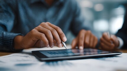 Financial advisor discussing investment plans with client on tablet