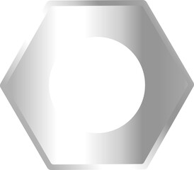 Shining hexagonal nut rotating on transparent background, showing silver gradient and central bore