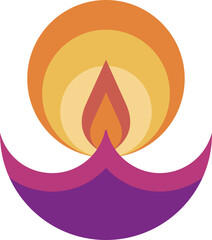 Abstract flame icon is rising above magenta purple curved arcs in vector on transparent background