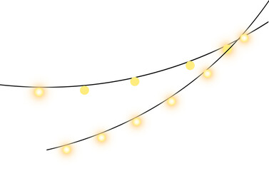 Showing string lights crossing black cords, warm yellow bulbs emitting glow on transparent backdrop