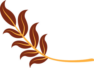 Flat botanical branch is showing curved golden stem and red leaves on transparent background