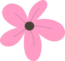 Stylized pink flower is displaying five veined petals and brown center on transparent background