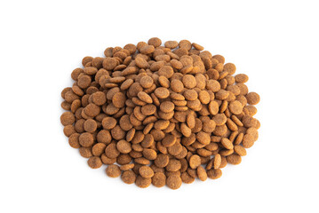 Heap of Dry dog food pellets isolated on white background