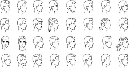 Transparent PNG available
man woman profile line art head, hairstyle, men, women outline collection, variety line art. features 27 unique hairstyles, male and female head silhouettes, showcasing vario