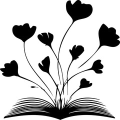 Black and white floral book logo in minimalist vector style, perfect for educational or botanical branding designs.