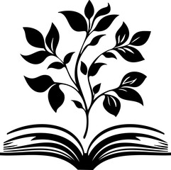 Elegant graphic emblem of blooming flowers emerging from an open book, ideal for logos related to reading, nature, or wellness.