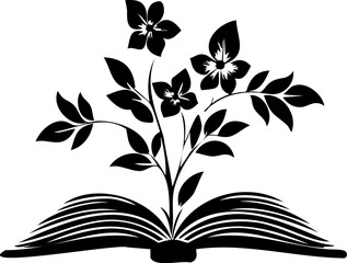 Elegant graphic emblem of blooming flowers emerging from an open book, ideal for logos related to reading, nature, or wellness.
