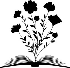 Black and white floral book logo in minimalist vector style, perfect for educational or botanical branding designs.
