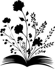 Black and white floral book logo in minimalist vector style, perfect for educational or botanical branding designs.