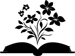 Black and white floral book logo in minimalist vector style, perfect for educational or botanical branding designs.