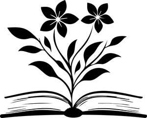 Black vector logo of flowers blooming from an open book, minimalist silhouette on white background, educational and botanical concept, symbolic reading growth emblem