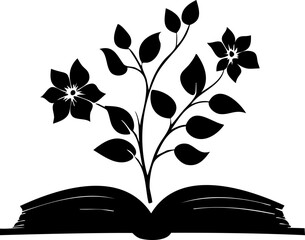 Elegant graphic emblem of blooming flowers emerging from an open book, ideal for logos related to reading, nature, or wellness.