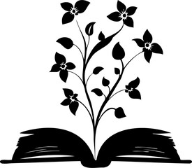 Elegant graphic emblem of blooming flowers emerging from an open book, ideal for logos related to reading, nature, or wellness.