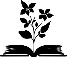 Black vector logo of flowers blooming from an open book, minimalist silhouette on white background, educational and botanical concept, symbolic reading growth emblem
