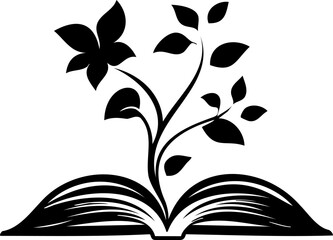 Vector silhouette logo of an open book with flowers growing from its pages, symbolizing knowledge, learning, and natural growth.