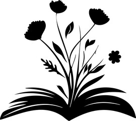 Elegant graphic emblem of blooming flowers emerging from an open book, ideal for logos related to reading, nature, or wellness.
