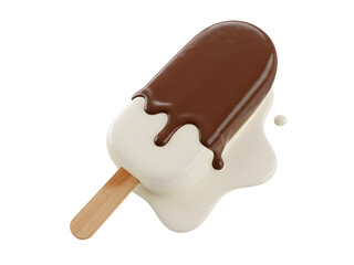 Obraz premium Delicious chocolate-coated ice cream bar with nuts and vibrant, melting pink and yellow popsicles on transparent and black backgrounds—perfect for food ads, summer treats, and desserts.